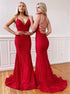 V Neck Red Mermaid Lace Prom Dresses LBQ1066